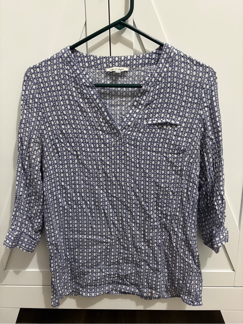Navy & White Geometric V-Neck Blouse